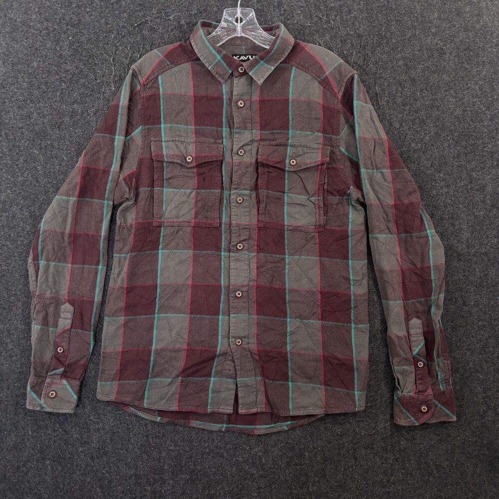 KAVU Flannel Shirt Men's Medium Brown Plaid Cotton Button Up Pockets Outdoor